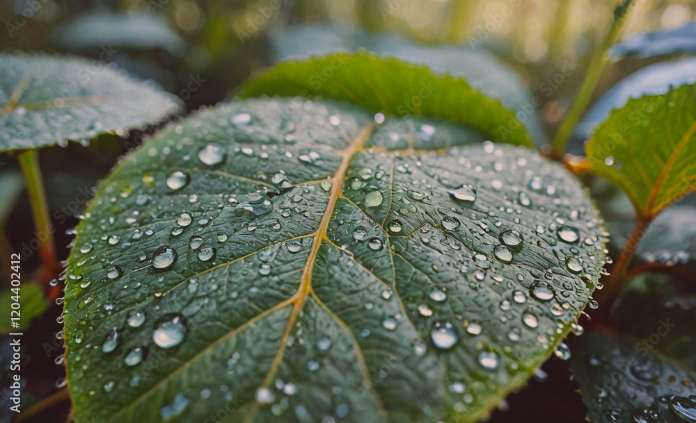 Poster a leaf is covered in raindrops, giving it a fresh and vibrant appearance. the droplets on the leaf r