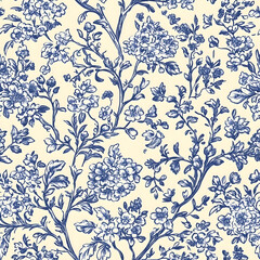 Blue Chinoiserie Seamless Pattern Digital Paper - Elegant Vintage Floral Design