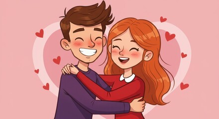 Obraz premium A cartoon illustration of a young couple in a loving embrace the man smiling broadly has rosy cheeks the woman has long flowing red hair smiling with rosy cheeks February 14 Love Valentine's Day.