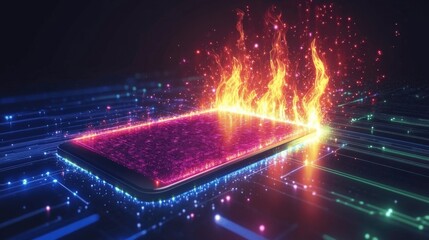 Futuristic Burning Circuit Board Illustration Depicting Technology Overload with Fiery Effects on Microchip Surrounded by Neon Lights and Digital Patterns