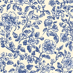 Blue Chinoiserie Seamless Pattern Digital Paper - Elegant Vintage Floral Design