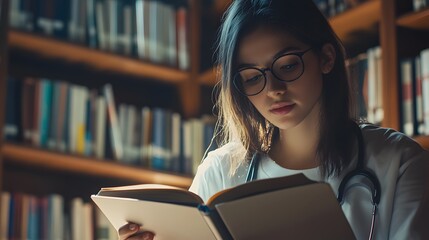 medical student studying in the library concept woman read books