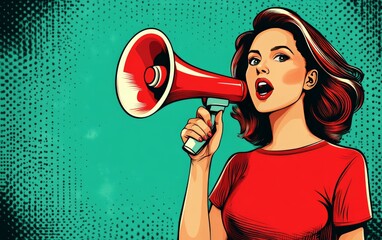 Retro style pop art illustration of a confident woman shouting into a red megaphone, emphasizing bold messaging, activism, and dynamic communication in vibrant tones
