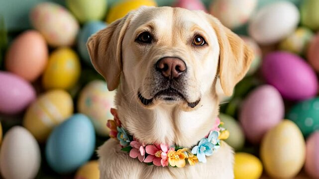 A Labrador Retriever wearing a floral collar sits among colorful Easter eggs, symbolizing spring and Easter celebrations