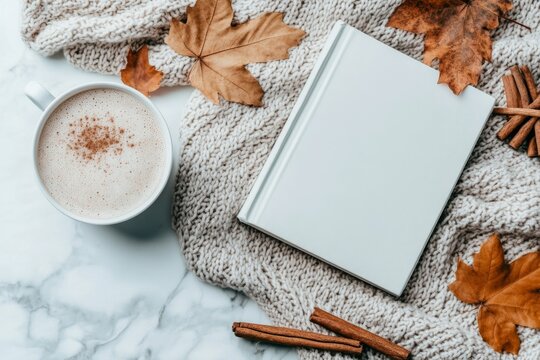 A cozy flat lay of autumn essentials: knitted sweater, hot cocoa, cinnamon sticks, fallen leaves, and a book on a textured blanket. Generative AI