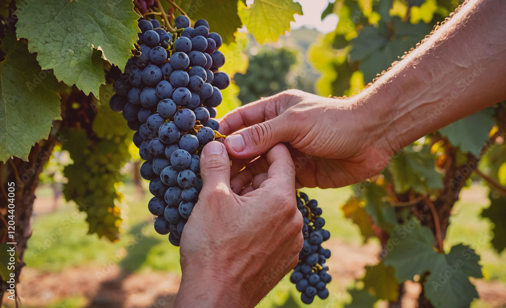 Poster a person is picking grapes from a vine. the grapes are ripe and ready to be picked. the person is us