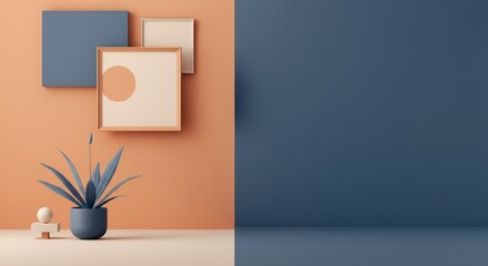 Modern minimalist interior with abstract art and decorative plant