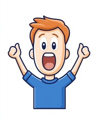 Obraz premium Excited cartoon boy with raised arms exclaiming joy and excitement, vibrant illustration conveying a positive mood and high energy for children’s content or motivational concepts