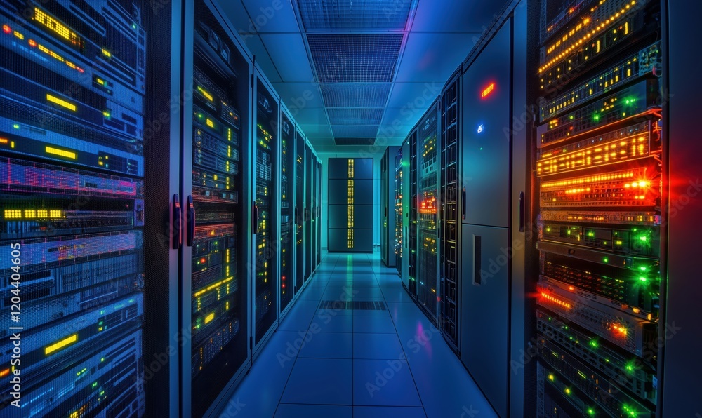 Poster data center illuminated by colorful server lights, showcasing rows of high-tech servers and networki