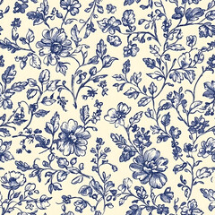 Blue Chinoiserie Seamless Pattern Digital Paper - Elegant Vintage Floral Design