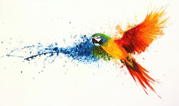 Colorful parrot flying with vibrant splashes of paint in blue, green, yellow, and red, showcasing artistic expression and wildlife beauty