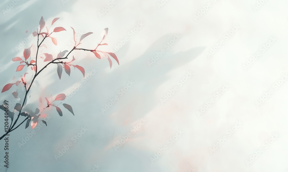 Poster delicate branch with soft pink leaves casting gentle shadows on a light background, creating a seren