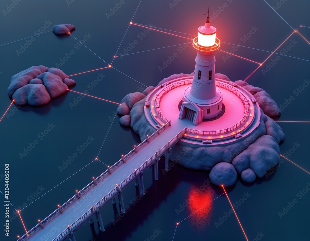 Poster futuristic lighthouse connected to network. modern design. abstract tech concept. glow in dark. digi