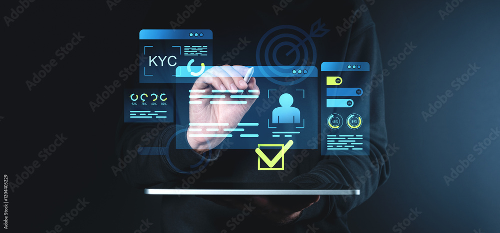 Poster digital interface for kyc process with approval icons and data charts on dark background.