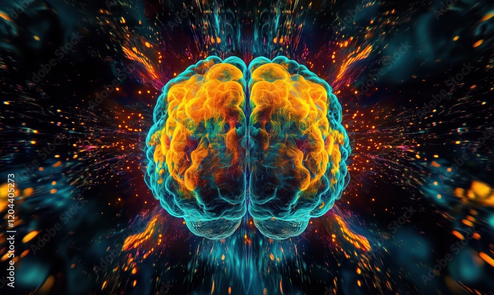 Poster vibrant brain visualization with explosive energy and colorful patterns, representing neural activit
