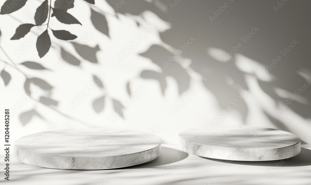 Poster elegant marble display platforms casting soft shadows, showcasing minimalist design and natural ligh