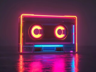 A glowing neon cassette symbolizing nostalg and vintage music era