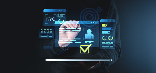 Digital interface for KYC process with approval icons and data charts on dark background.