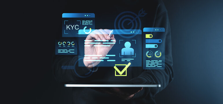 Digital interface for KYC process with approval icons and data charts on dark background.