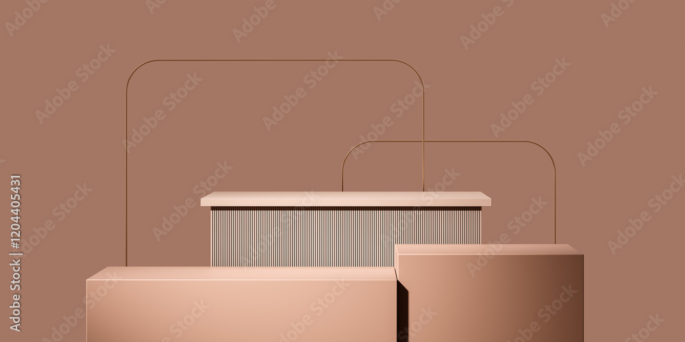 Poster minimalist podium display with geometric shapes in neutral tones. 3d rendering