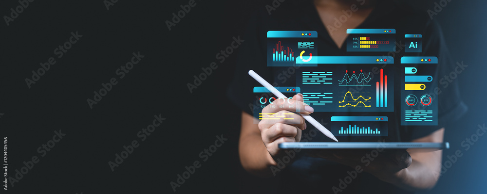 Poster digital analytics interface with futuristic data visualization on dark background.