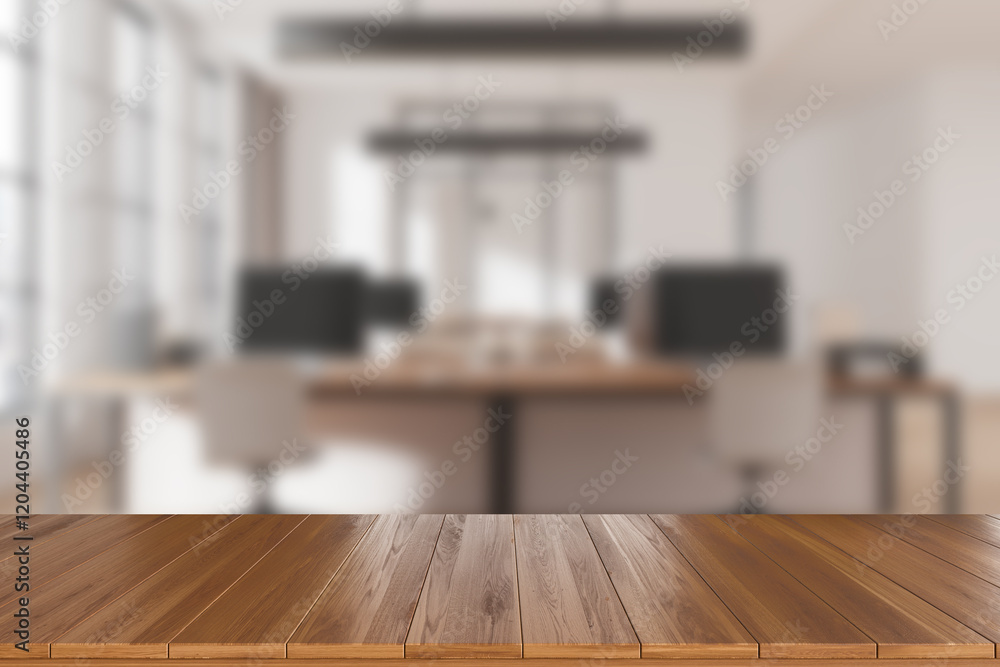 Poster wooden countertop with blurred modern office background for product mockup and display presentation.