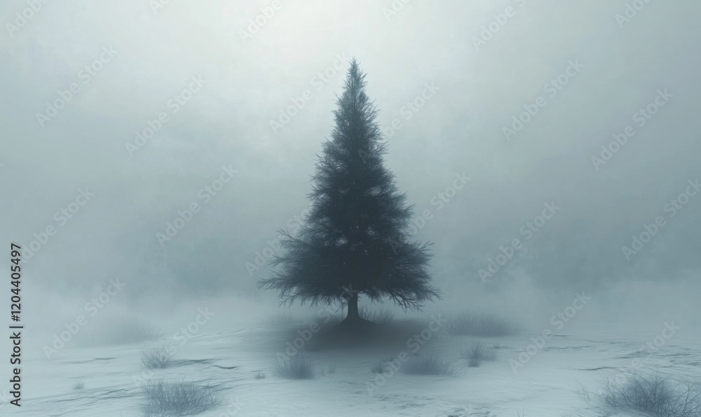 Poster lonely evergreen tree in foggy winter landscape, surrounded by snow and mist, creating a serene and 