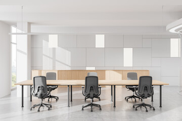 Modern office interior with minimalistic design, long table and ergonomic chairs, bright natural light, clean loft-style workspace. 3D Rendering