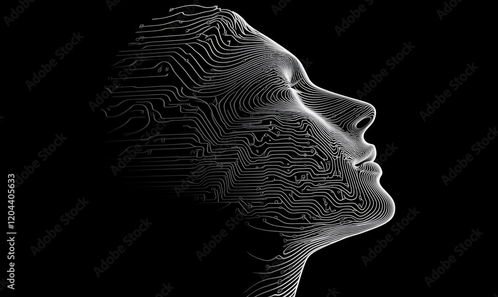 Poster human face silhouette integrated with circuit patterns representing technology and artificial intell