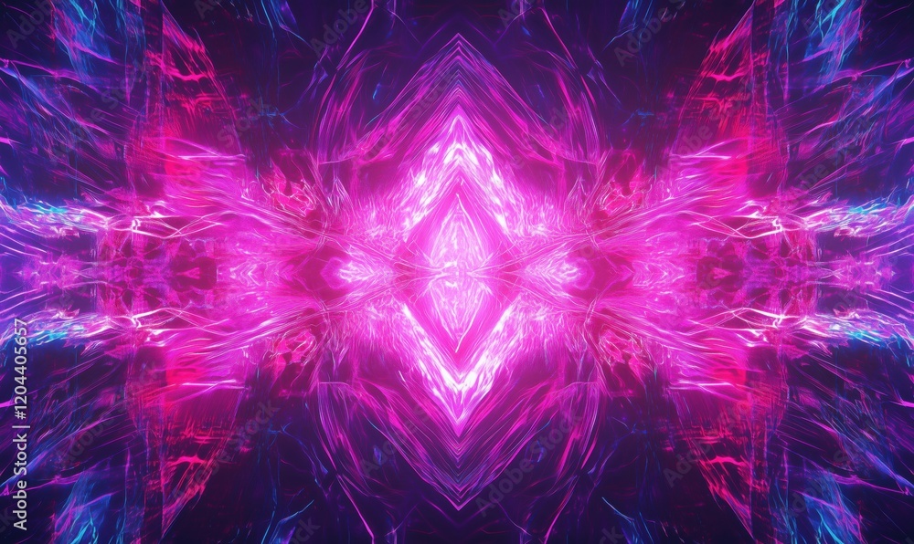 Poster vibrant abstract digital art featuring symmetrical patterns of pink and purple light, creating a mes