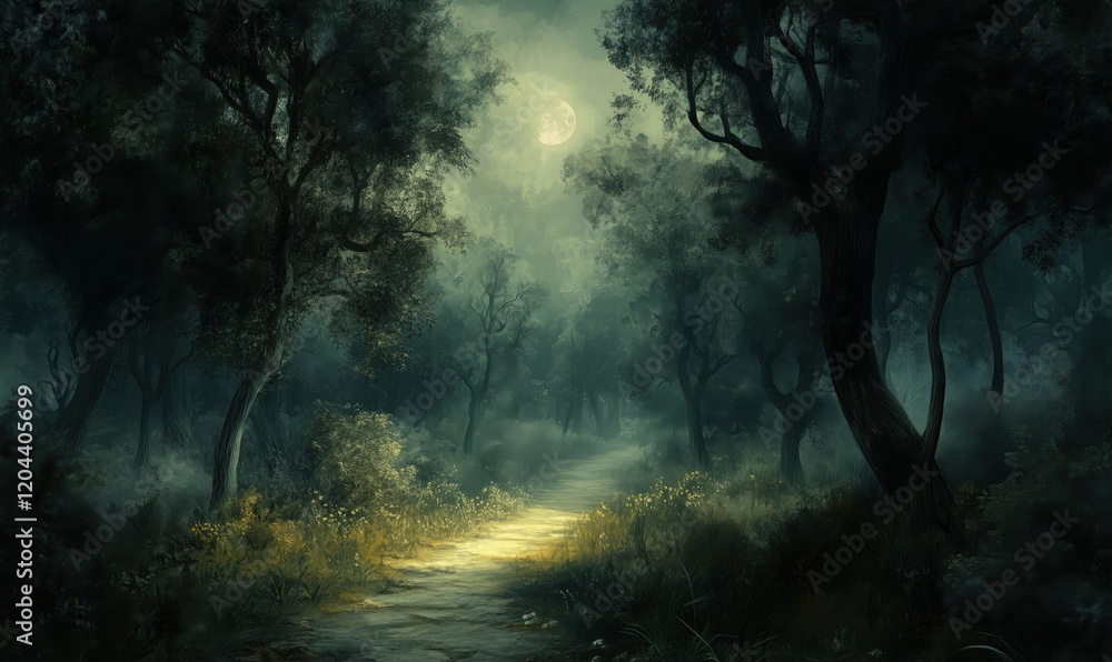 Poster mysterious moonlit forest path illuminated by soft light, surrounded by dense trees and fog, creatin