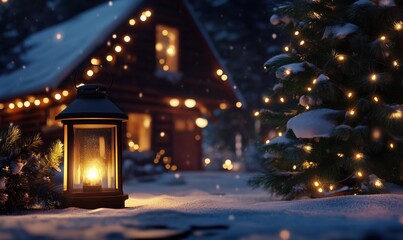 Cozy winter scene with glowing lantern, snow-covered cabin, and festive Christmas tree adorned with lights