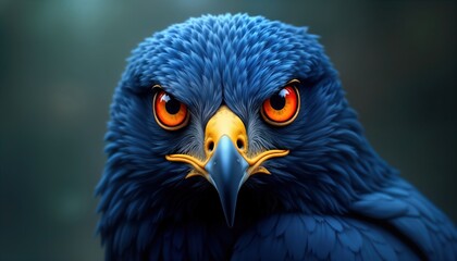 Close-up view of vibrant blue hawk. Intense orange eyes stare directly at viewer. Hawk beak striking yellow. Feathers appear detailed, realistic with sharp focus on head. Image dark background.