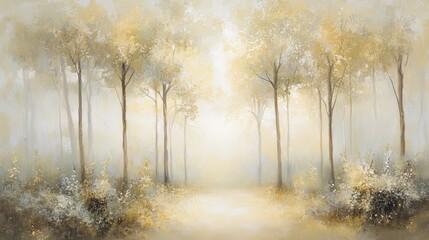 Fototapeta premium Dense forest with tall trees in haze, illuminated by the rays of the sun