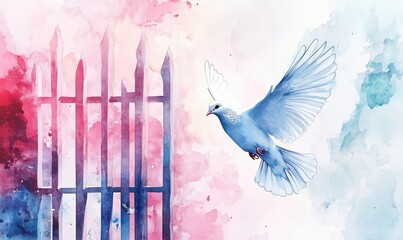 Dove flying past colorful watercolor fence, symbolizing freedom and peace, vibrant pink and blue background, artistic representation of nature