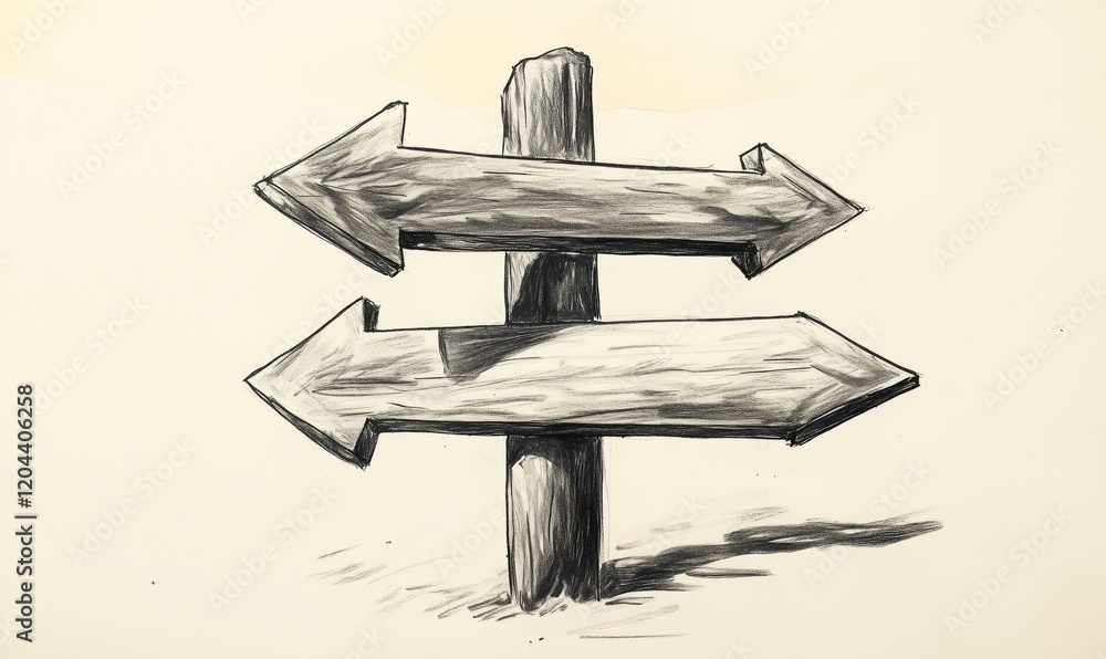 Poster directional wooden signpost with arrows pointing left and right, symbolizing choices and decisions