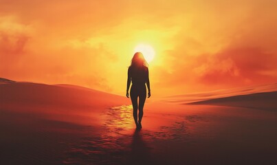 Silhouette of Woman Walking in Desert at Sunset, Vibrant Orange Sky, Sand Dunes, Tranquil Atmosphere, Journey of Self-Discovery
