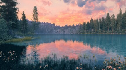 Fototapeta premium Morning lake with clear water in a pine forest