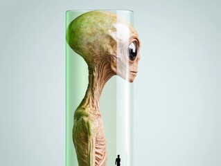 Fototapeta premium Alien like figure in a glass chamber, symbolizing scientific exploration, futuristic bioengineering, and mysterious extraterrestrial research in a sleek minimalist style