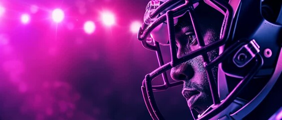african american football player in a helmet on an ultraviolet neon background. closeup of dynamic sports action with vibrant lighting - Powered by Adobe