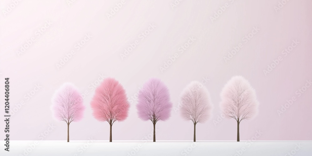 Poster a row of five trees with pink leaves. the trees are lined up next to each other, creating a sense of