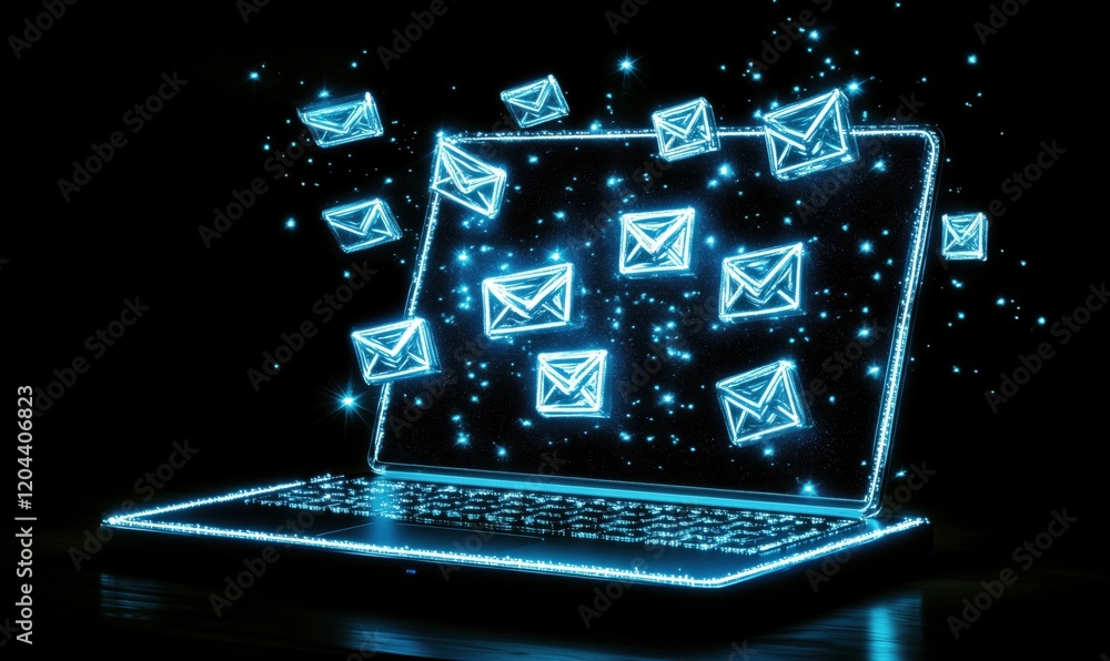 Poster digital communication revolution: glowing laptop with floating email icons representing modern messa