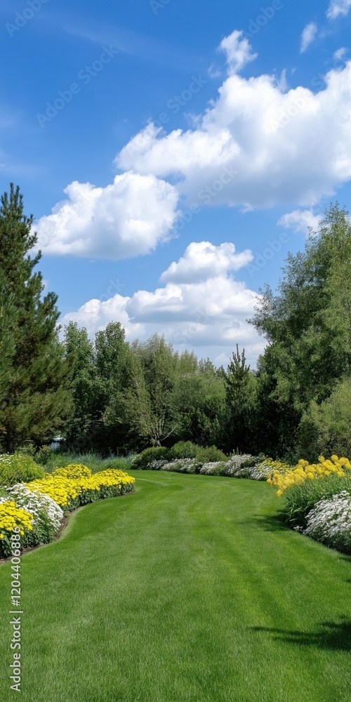 Poster a lush green lawn with a path leading through it. the path is lined with flowers and trees, creating