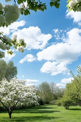 Fototapeta premium A beautiful sunny day with a clear blue sky and fluffy white clouds. The sky is dotted with white clouds and the sun is shining brightly. The trees are lush and green