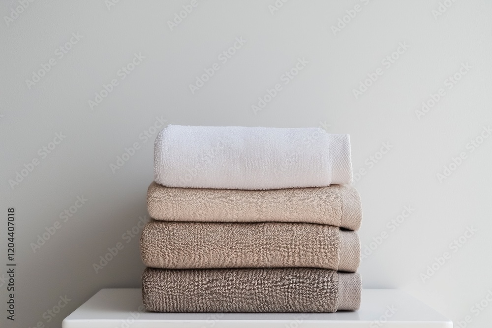 Poster a stack of towels on a white surface. the towels are white and tan in color. the towels are piled on
