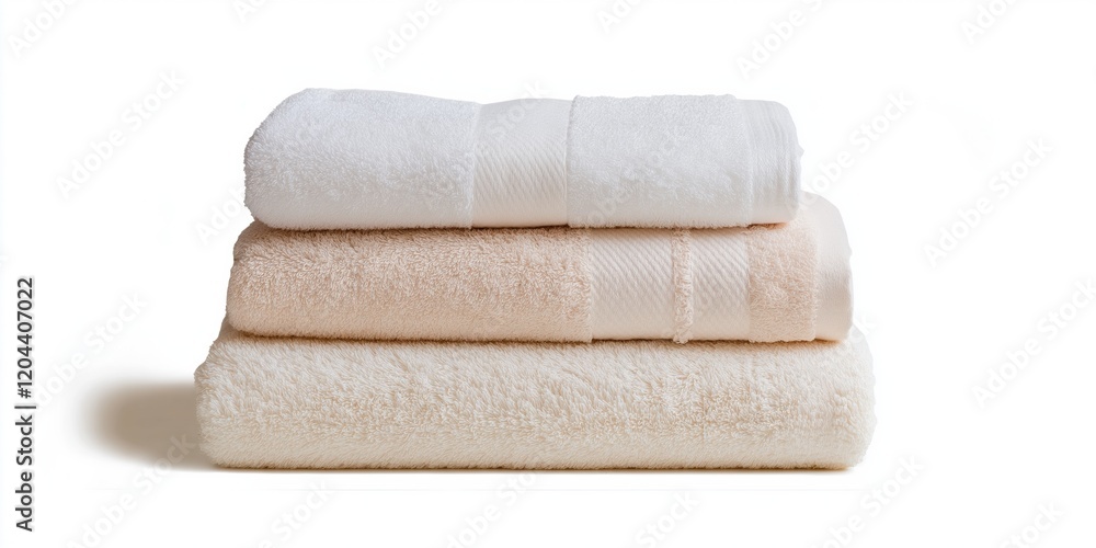 Poster a stack of white towels on a white background. the towels are all the same color and are piled on to
