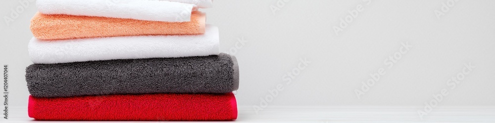Poster a stack of towels with one being red and the others being white and black. the towels are piled on t