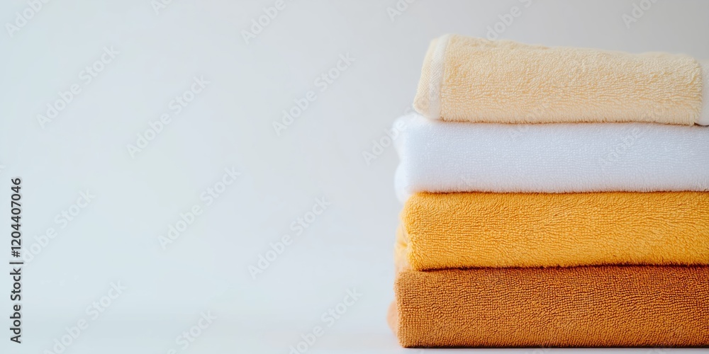 Poster a stack of towels with one of them being yellow. the towels are piled on top of each other