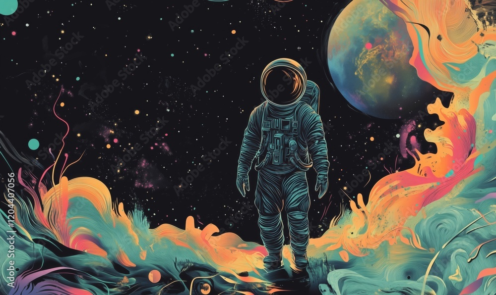 Poster astronaut exploring vibrant cosmic landscape with colorful swirls and distant planet in background