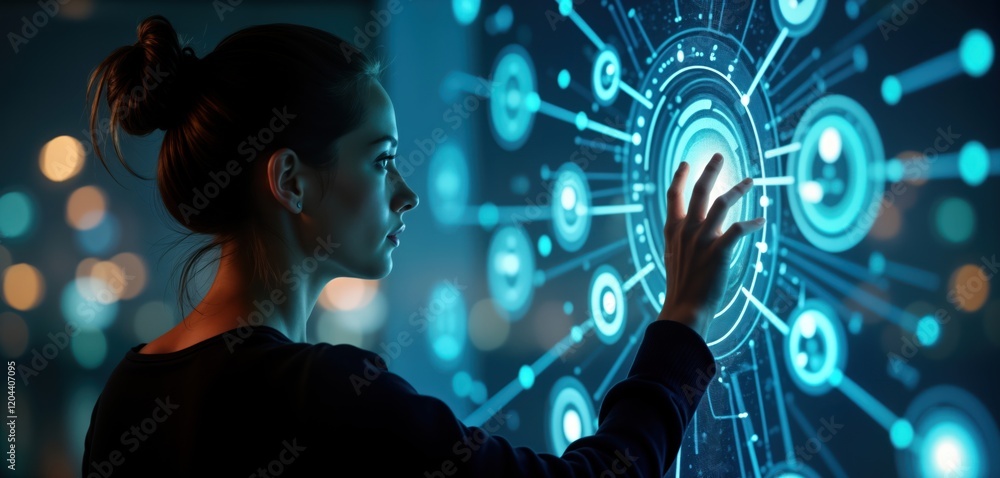 Aufkleber woman interacts with futuristic holographic interface. controls virtual 3d connections in dark tech 